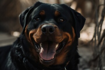Obraz premium Medium shot portrait photography of a happy rottweiler eating against dog parks background. With generative AI technology