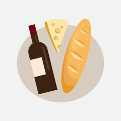 Vector products set. A bottle of wine, a piece of cheese, a crispy baguette.