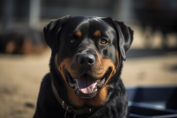 Obraz premium Medium shot portrait photography of a happy rottweiler eating against dog parks background. With generative AI technology
