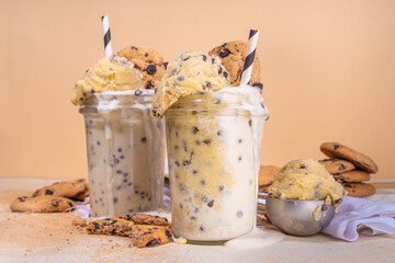 Edible raw cookie dough smoothie. Sweet loaded american raw cookie dough shake drink, with...