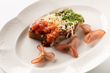 marbled beef steak with italian flag of vegetables