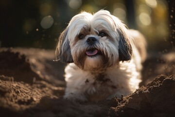 Conceptual portrait photography of a happy shih tzu digging against dog parks background. With generative AI technology