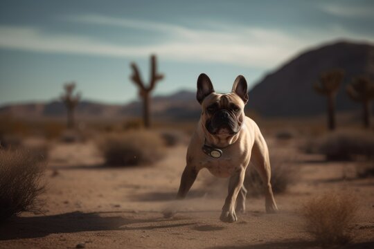 Medium shot portrait photography of a curious french bulldog catching a frisbee against desert landscapes background. With generative AI technology