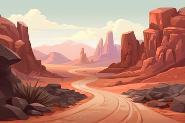 Exploring the Wild West: Cartoon Desert Road in Red Canyon, Generative AI