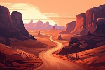 Exploring the Wild West: Cartoon Desert Road in Red Canyon, Generative AI