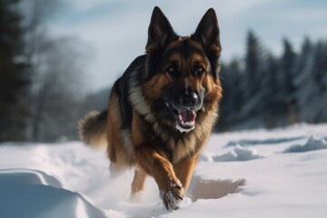 Medium shot portrait photography of a curious german shepherd running against snowy winter landscapes background. With generative AI technology
