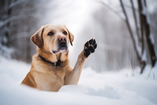 Lifestyle portrait photography of a happy labrador retriever giving the paw against snowy winter landscapes background. With generative AI technology