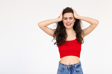 Portrait of attractive woman looking surprised, shocked and impressed of advertisement, promo sale offer, winter discounts, standing over white background speechless