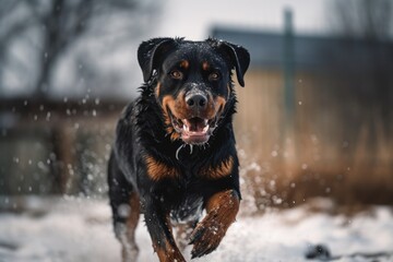 Obraz premium Group portrait photography of a happy rottweiler running through a sprinkler against snowy winter landscapes background. With generative AI technology