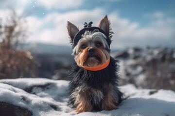 Environmental portrait photography of a happy yorkshire terrier wearing a halloween costume against snowy winter landscapes background. With generative AI technology
