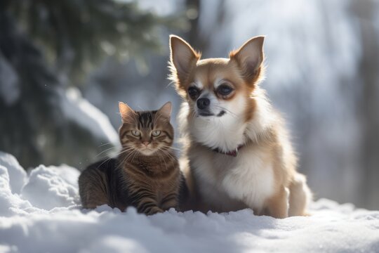 Full-length portrait photography of a happy chihuahua cuddling with a cat against snowy winter landscapes background. With generative AI technology