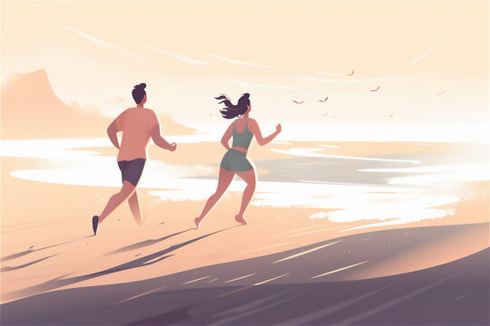 young couple running towards the sea at sunset, enjoying a fun moment on the beach together
