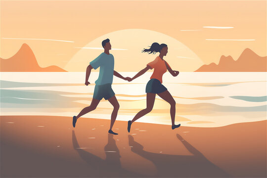 young couple enjoying beautiful sunset on beach, running and holding hands in joyful carefree moment