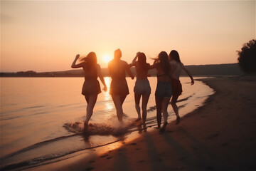friends enjoying sunset on the beach, with the silhouettes of young people running towards sea