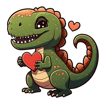 Cute cartoon dinosaur holding a heart as a gift, cutout sticker illustration for children books or romantic letter, AI Generated