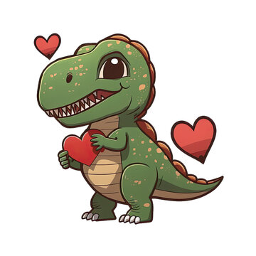 Cute cartoon dinosaur holding a heart as a gift, cutout sticker illustration for children books or romantic letter, AI Generated