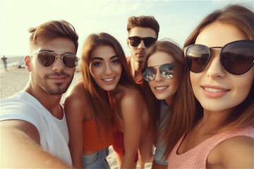 A group of friends from different ethnicities taking a happy selfie outside while on sunny vacation