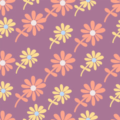 Chamomile flower seamless pattern in naive art style. Cute little daisy floral ornament wallpaper.