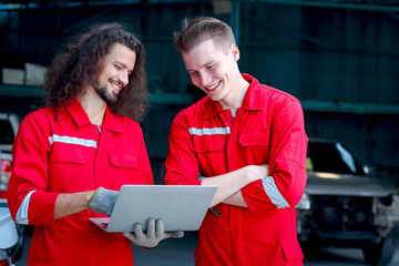 Two handsome mechanic men in red uniform holding laptop computer and discussions at vehicle garage,...