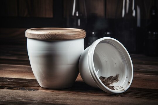 White coffee cup with open lid on wooden background. Generative AI