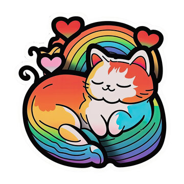 Cute cartoon cat sleeping, surrounded by rainbows, children book cutout sticker illustration, AI Generated
