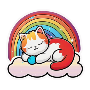 Cute cartoon cat sleeping on a cloud, surrounded by rainbows, children book cutout sticker illustration, AI Generated