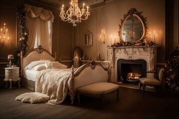 Bedroom with xmas decorations Interior, generative AI