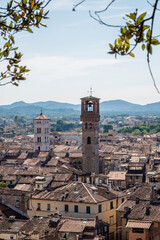 Blick auf den Uhrtum Torre delle Ore und auf die Kirche San Michele in Foro, Lucca, Toskana, Italien - obrazy, fototapety, plakaty