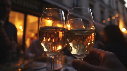 Obraz premium evening street cafe party,people with glasses of wine relaxing old town city,generated ai