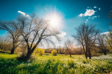 Fototapeta na wymiar Stunning spring scenery with blurry background, lush nature, trees, and vivid blue sky on a sunny day. Generative AI