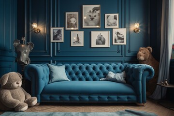 Blue sofa in child's room with 3D aesthetic. Generative AI