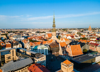 Aerial view of the Riga old town in Latvia. Beautiful historical buildings and Domes cathedral. Summer in Riga.