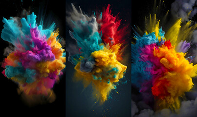 Fototapeta na wymiar Color paint powder explosion, cloud of ink splash abstract background. Dye splash of colorful blend of powder explosion. Mobile vertical walpaper set. Сreative abstract background generative ai.