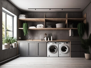 A renovated laundry room with dark grey cabinets, Electrolux appliances, farmhouse sink, and marble countertops. Generative AI