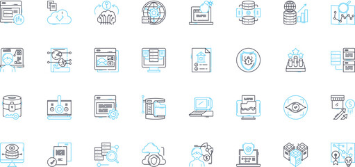 Large-scale analytics linear icons set. Big data, Analytics, Insights, Interpretation, Predictive, Modeling, Integration line vector and concept signs. Visualization,Data-driven,Performance outline