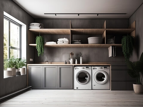 A renovated laundry room with dark grey cabinets, Electrolux appliances, farmhouse sink, and marble countertops. Generative AI