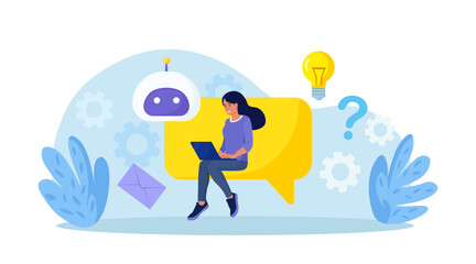 Customer talking with chatbot. Person chatting with robot, asking questions and receiving answers. Artificial Intelligence in marketing. FAQ. Chat bot virtual assistant. Customer support