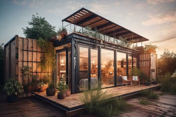Fototapeta na wymiar Eco-friendly container home with solar panels. Generative AI