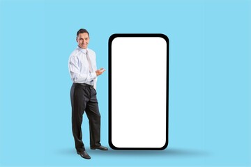 Handsome young Businessman with Big Blank screen Mobile Phone