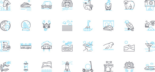 Adventure travel linear icons set. Thrill, Expedition, Exploration, Adrenaline, Trekking, Excursion, Safari line vector and concept signs. Quest,Explore,Challenge outline illustrations