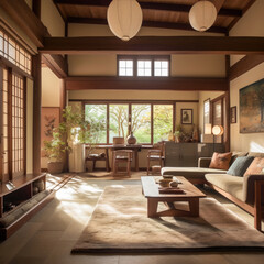 Naklejka na ściany i meble Living room for interior architecture with Japan style, Rustic Japanese style with a focus on natural materials