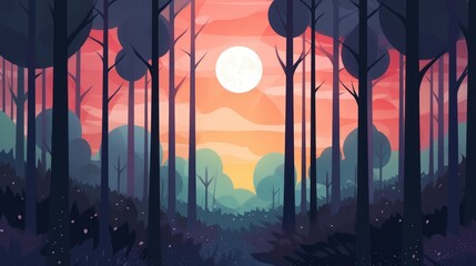 mountain and forest landscape at nigh,t Forest, glowing giant moon, fantasy, illustration, generative ai