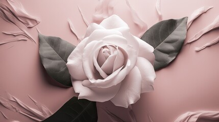 Single blooming ash pink rose on old pink ripped backdrop. Festive abstract background. Elegant wallpaper and wedding texture. Generative AI.