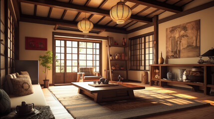Living room for interior architecture with Japan style, Rustic Japanese style with a focus on natural materials