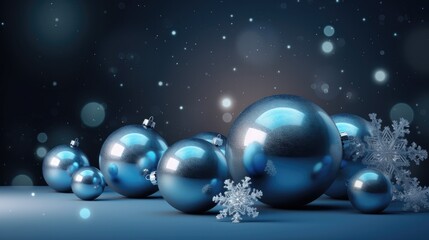 Fototapeta na wymiar Shiny blue Christmas balls, Christmas decorations, arrangement. Elegant abstract background. Beautiful digital image. Generative AI