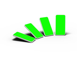 Unbranded white smartphones Template with easily changeable green screens on a transparent background.