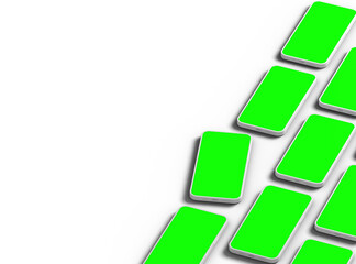 Unbranded white smartphones Template with easily changeable green screens on a transparent background.