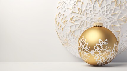 A beautiful white and gold Christmas ball with a carved pattern on a white background. Unique Christmas decoration. Generative AI.