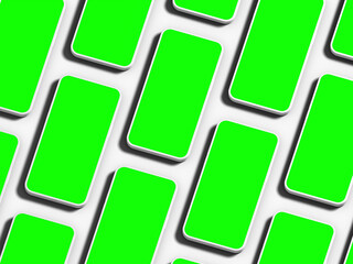 Unbranded white smartphones Template with easily changeable green screens on a transparent background.