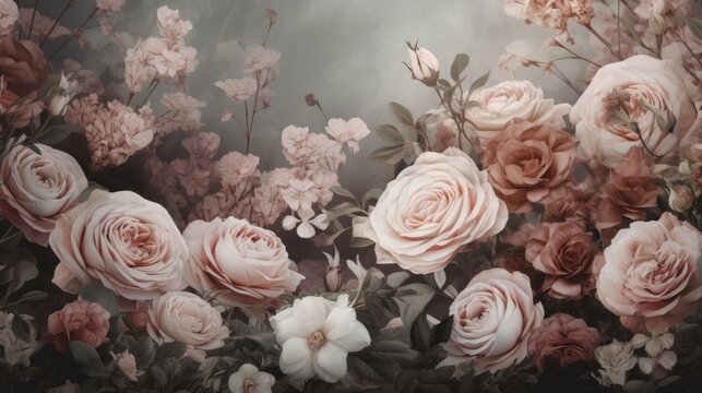 Exclusive floral wallpaper texture. Watercolor abstract background, blooming pastel roses, beautiful romantic illustration. Rose garden. Generative AI. 